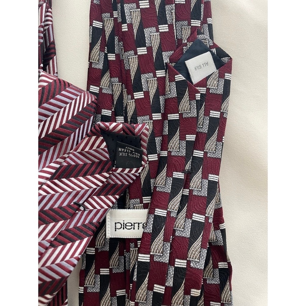 Pierre Cardin Mens Silk Tie Burgundy Geometric Striped Designer Neckties (2pc) - Picture 7 of 7